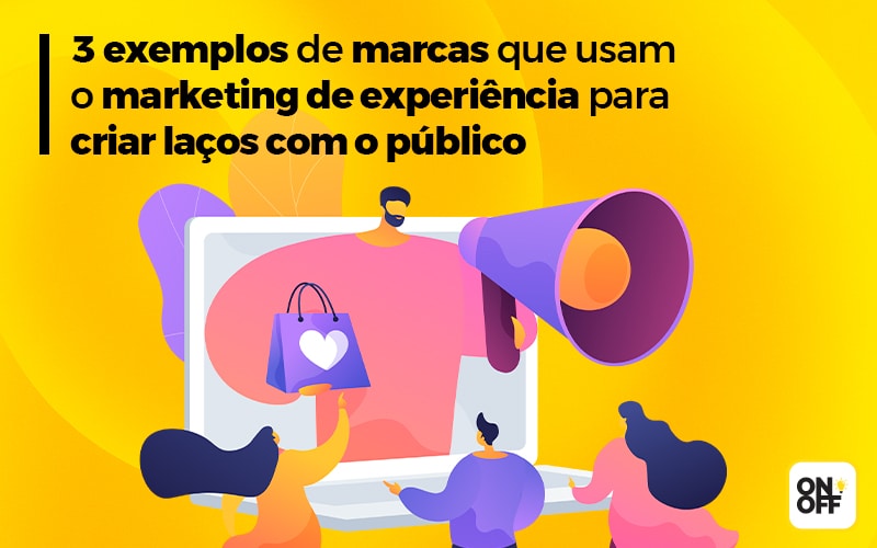 A ilustração moderna e colorida, com pessoas interagindo com um megafone, é usada para representar a comunicação e o engajamento de uma marca com seu público, que é o foco do marketing de experiência.