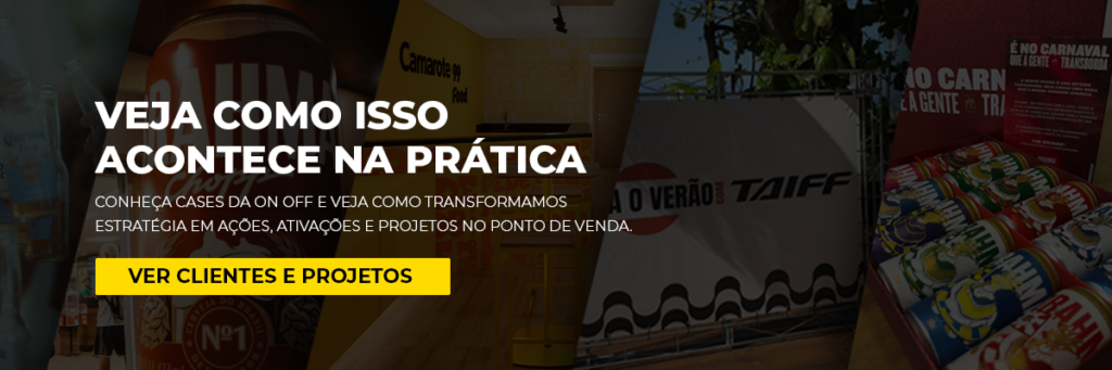 Montagem com diferentes ações, ativações de marcas e projetos em eventos e pontos de venda realizados pela On Off