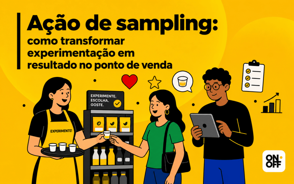 Ação de sampling no ponto de venda com promotora oferecendo amostra de produto para shopper