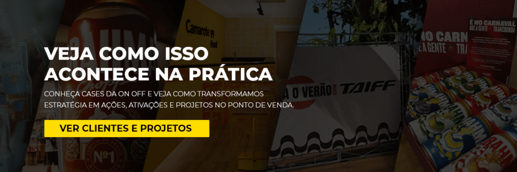 Montagem com diferentes ações, ativações de marcas e projetos em eventos e pontos de venda realizados pela On Off